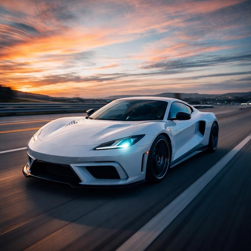 Modern sports car cruising at sunset White sports car driving on highway at sunset with orange and blue sky.