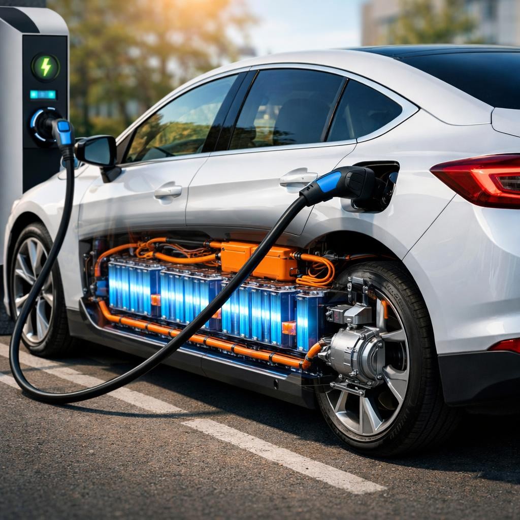 Electric car plugged into charging station with visible internal battery and wiring