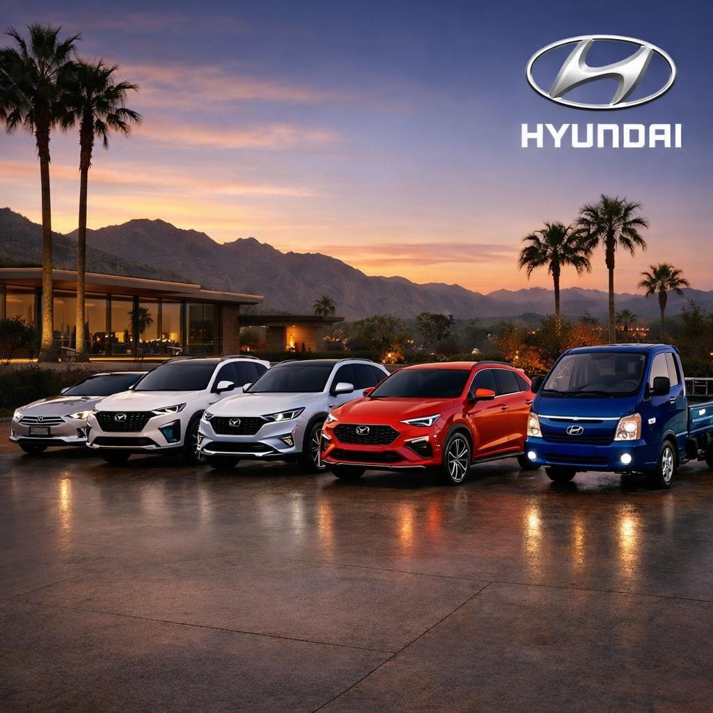 Five Mazda and Hyundai vehicles parked side by side in front of modern building and palm trees at sunset