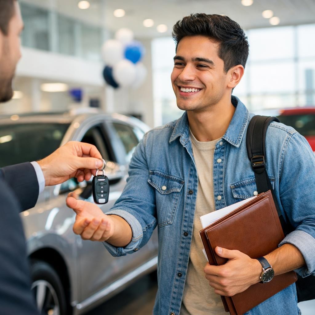 Smiling man accepting car keys from a dealer in a showroom