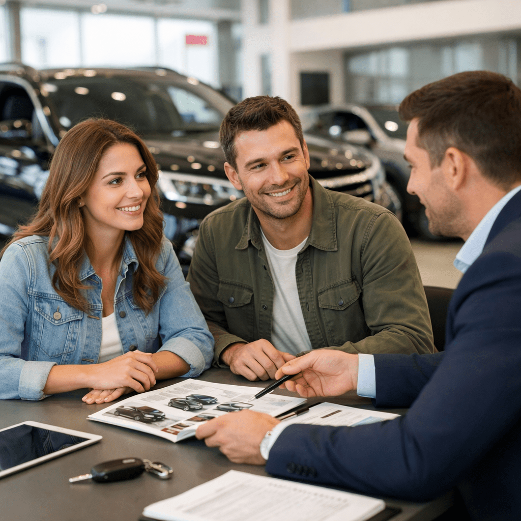 Couple discussing car choices with a salesman at a dealership desk