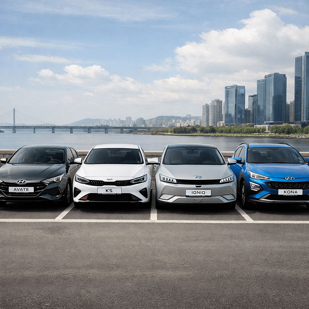 Four Hyundai and Kia cars parked side by side by the waterfront with a modern city skyline behind