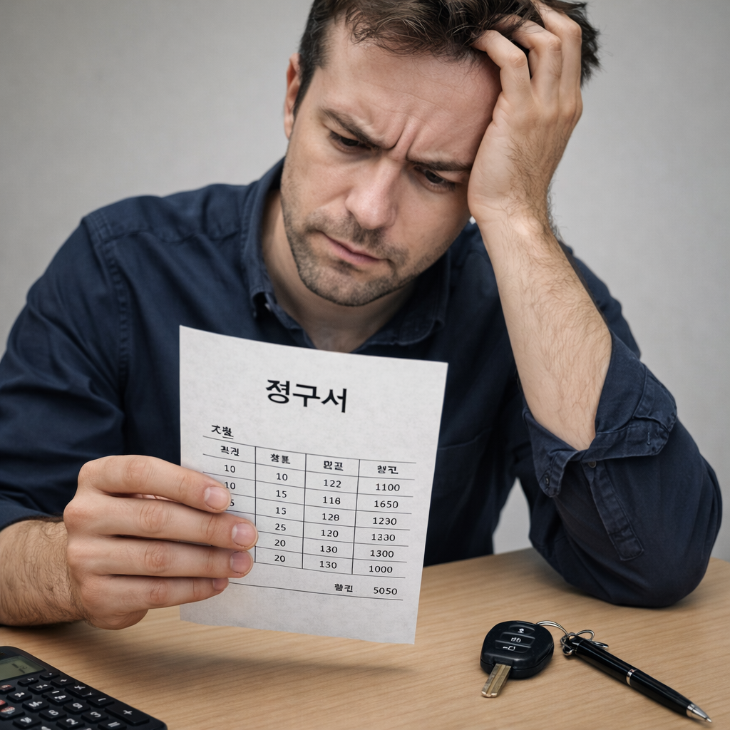 Financial statement with table and Korean text beside calculator and car keys on wood desk