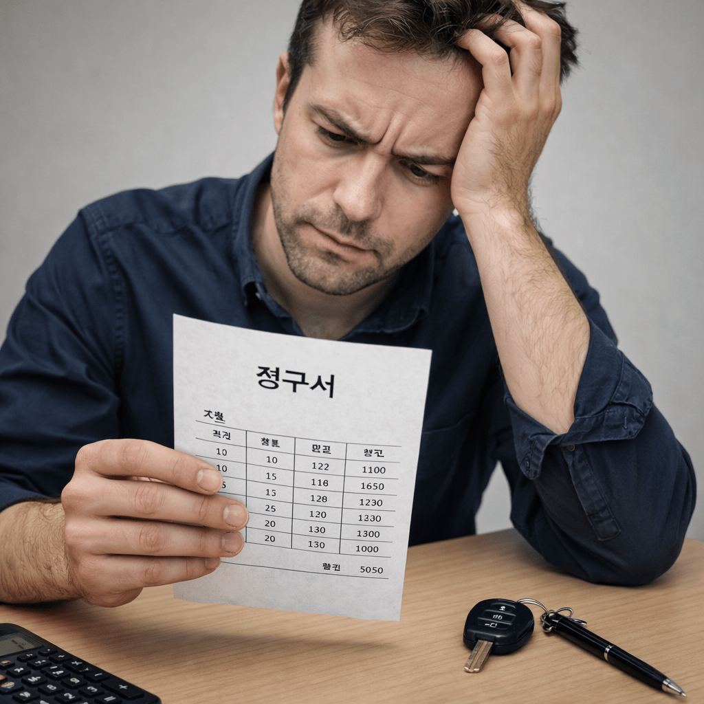 Financial statement with table and Korean text beside calculator and car keys on wood desk