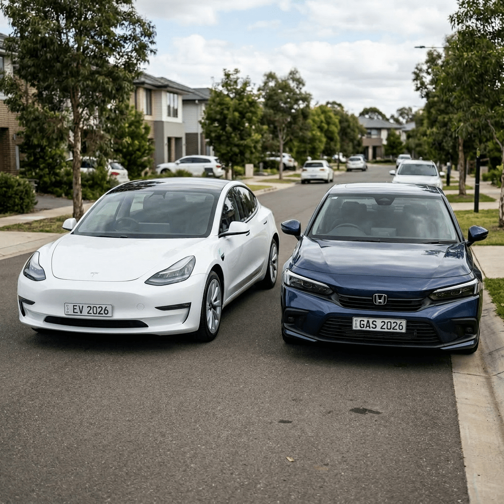 White Tesla electric car with EV 2024 plate and blue Honda gasoline car with GAS 2024 plate parked side by side