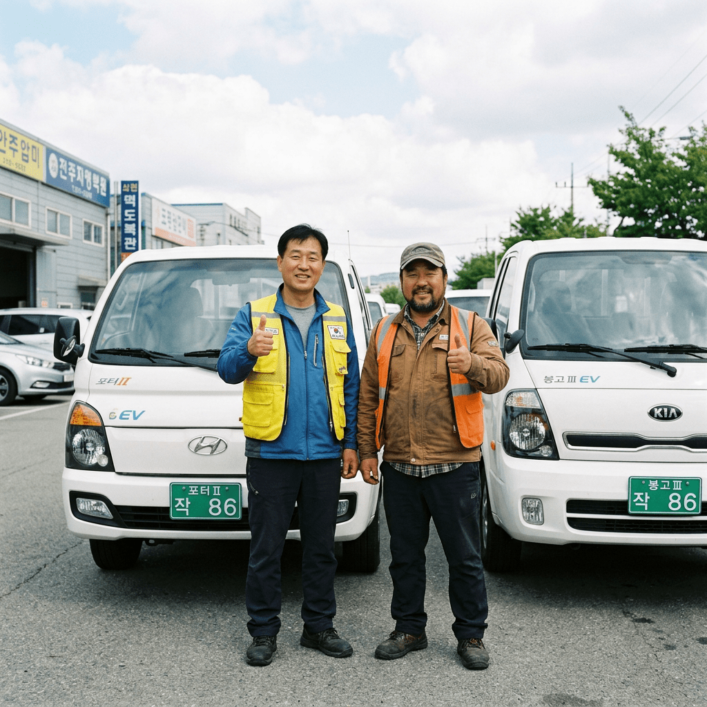 Two men standing in front of white electric trucks, smiling and giving thumbs up
