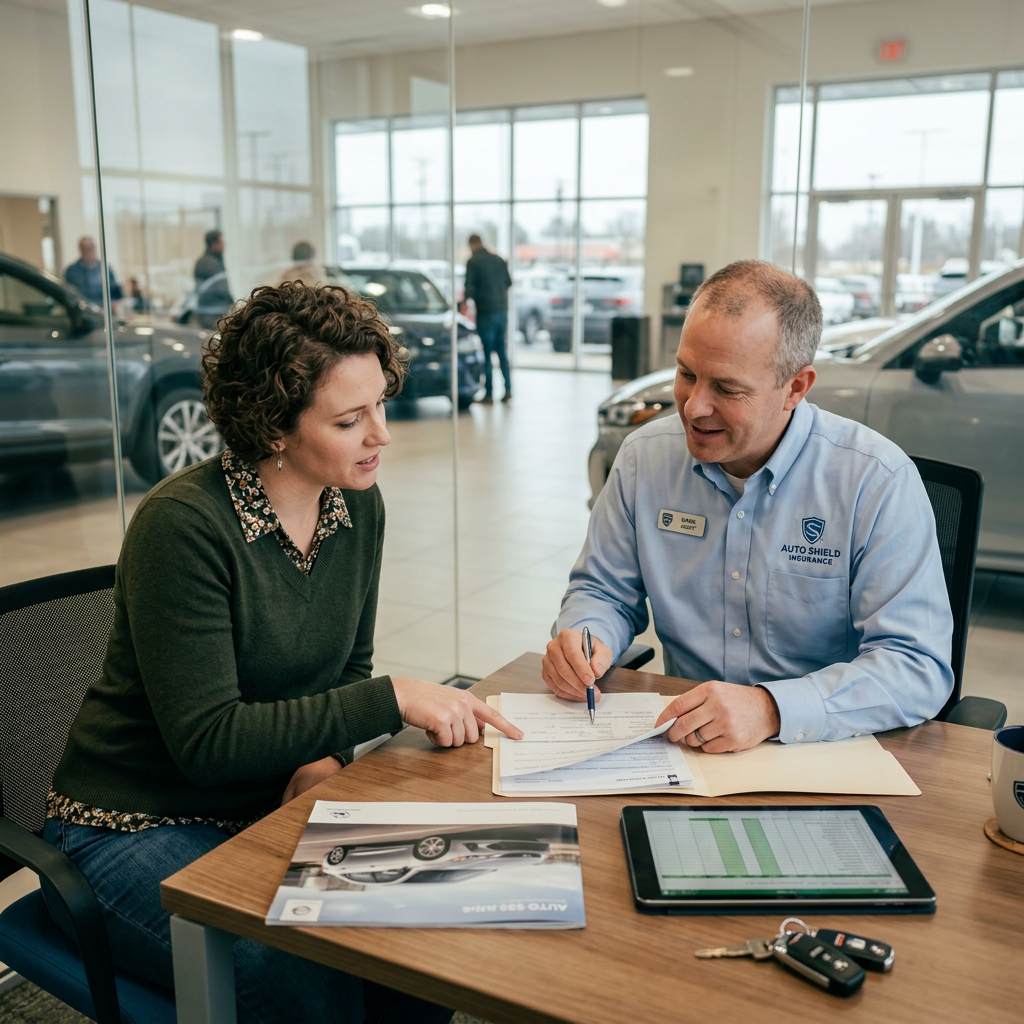 Customer and insurance agent reviewing documents at car dealership desk