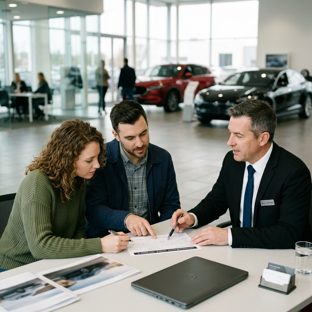 Couple reviewing documents with car salesman at dealership