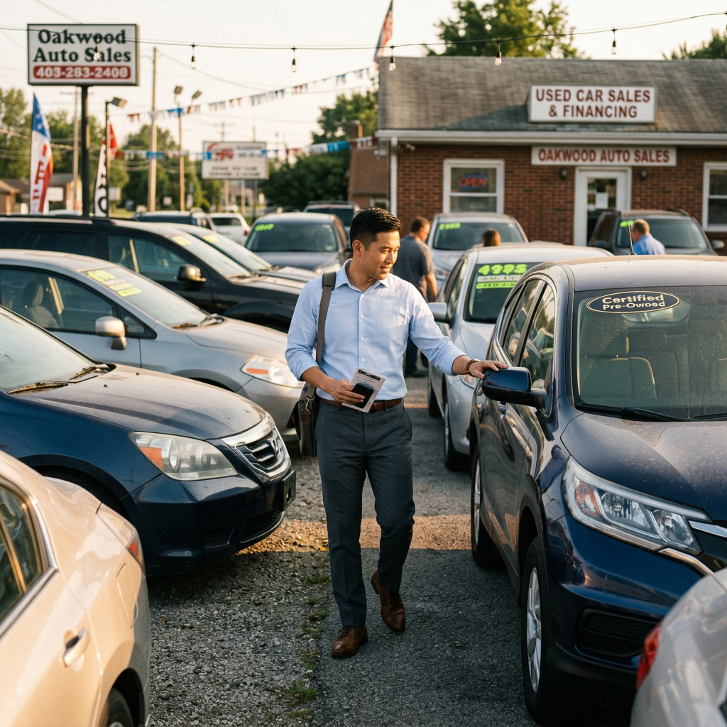 Man checking side mirror of certified pre-owned car at used car dealership